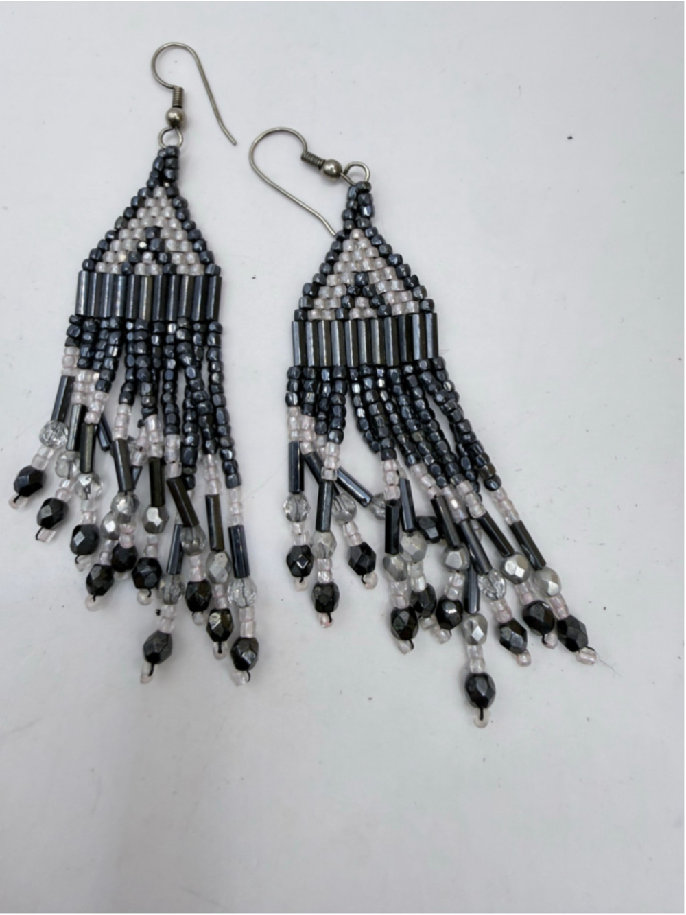 Women's Unbranded Beaded Fringe Earrings One Size Black Silver